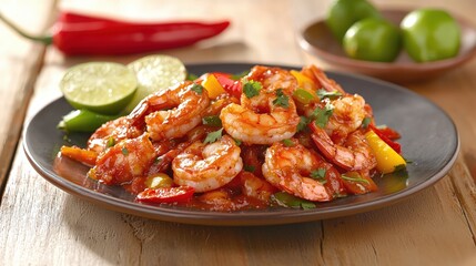 Fototapeta premium Delicious Spicy Shrimp Stir-Fry with Fresh Vegetables and Lime