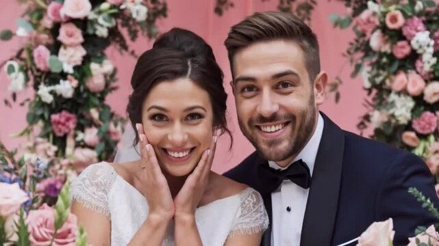 The bride and groom smile sweetly, then their expressions change to shock, surprise at their wedding, surrounded by beautiful flowers on a pink background. High quality 4k video