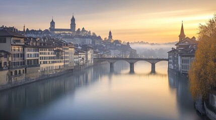 Sunrise over Fribourg Cityscape and River