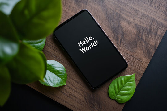 Minimalist Phone Display with "Hello, World!"