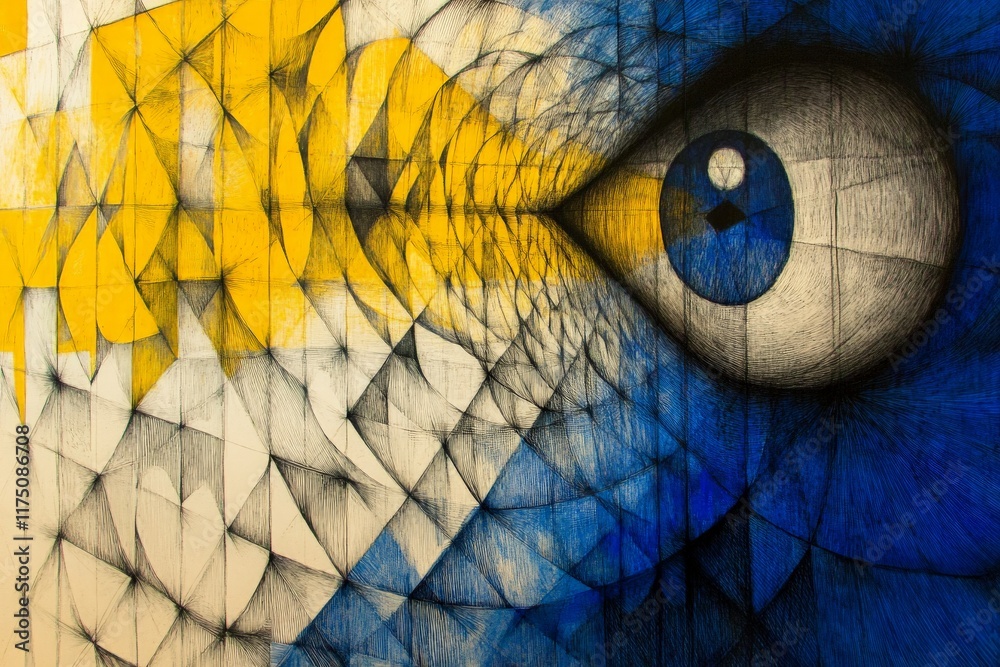 Poster An intriguing abstract artwork showcasing a large eye amidst geometric patterns, fostering a sense of depth and exploration of perception and vision.