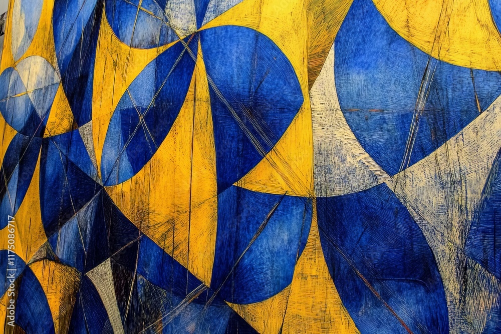 Leinwandbilder A close-up view of unique geometric patterns in vibrant blue and yellow shades, evocative of modern artistic expression and abstract design concepts found in contemporary art.