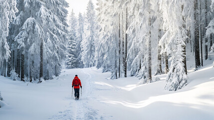 Hiker making their way through a snowcovered forest the trees dusted with fresh powder The crisp air and winter scenery create a serene and quiet atmosphere for this coldweather adventure