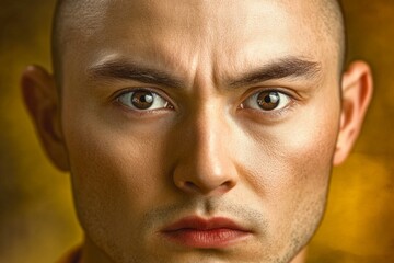 This image captures a serious expression of a focused individual against a dramatic background. It encapsulates emotions like determination and resolve in human experience.