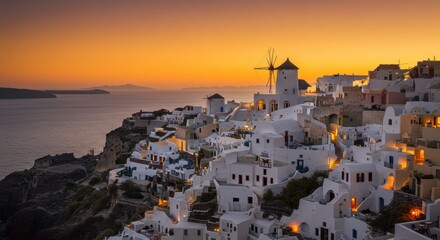 Santorini Greece at sunset, iconic white buildings, blue domed church, dramatic orange sky, Mediterranean coastline, Greek island architecture, golden hour lighting, panoramic view, cliffside village,