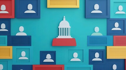 A vibrant illustration featuring a central government dome surrounded by colorful frames with abstract human figures, emphasizing community and governance.