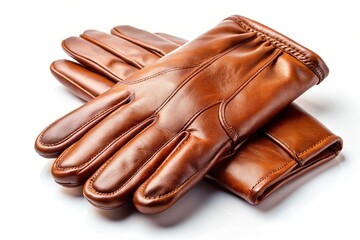 Minimalist Pair of Leather Gloves, Isolated on White Background - Stock Photo