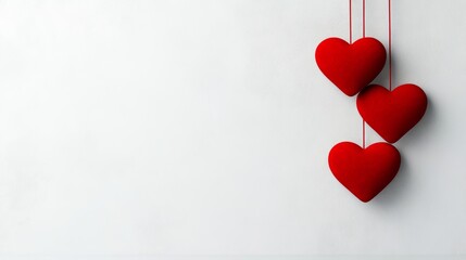 Three red hearts hanging from a string on a white background. Concept of love and affection