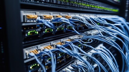 Close up of data center with many cable