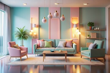 Minimalist Pastel Living Room: 3D Render of Modern Interior Design
