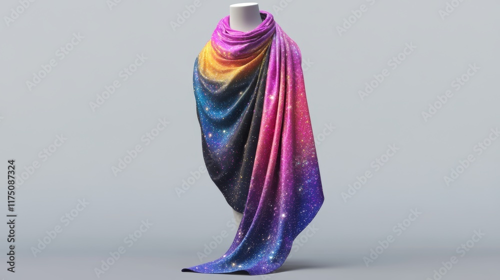 Wall mural mockup of a custom scarf with a galaxy pattern draped over a minimalist mannequin