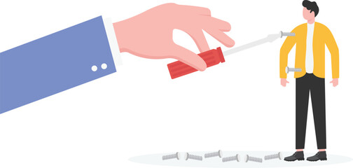 Big hand trying to repair businessman by tightening a screw nut
