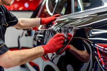 Expert mechanic skillfully removes dents from car body with spotter for quality repair and alignment