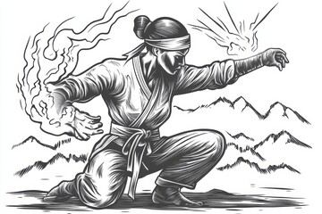 Martial Artist Energy Control - A female martial artist, power, focus, mountains, energy.  Symbolizing strength, discipline, nature, inner peace, and potential.