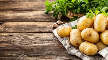 Fresh Potatoes with Green Herbs on Rustic Wooden Table Surface