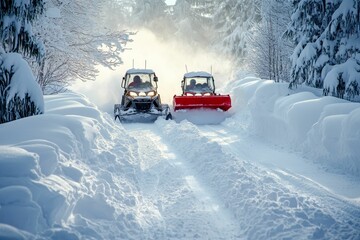 Two snowplows clearing a snowy path.