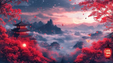 Crimson Canopy and Lunar Serenity a Mystical Asian Landscape with Pagodas, Floating Butterflies and a Gentle Mountain Backdrop at Dusk