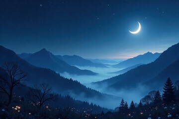Naklejka premium Serene Nighttime Vista Moonlit Mountains, Misty Valleys, and Glowing Flora Under a Starry Sky