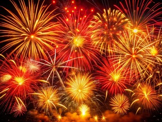 Naklejka premium Red and Gold Fireworks Burst, Festive Celebration, New Year's Eve, 4th of July, Pyrotechnics Display