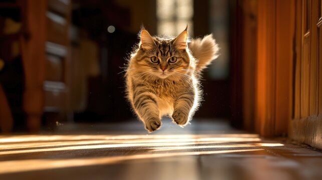 A fluffy cat racing down a hallway, its ears perked and tail high, creating a dynamic image filled with motion and the thrill of playful pursuits