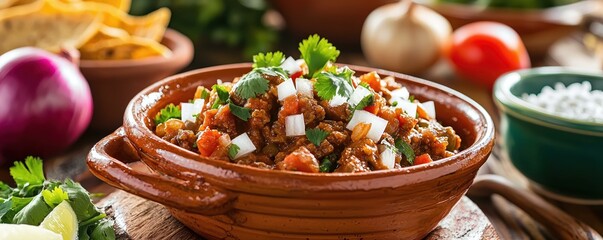 Traditional Mexican Dish with Fresh Ingredients and Garnishes in Rustic Setting