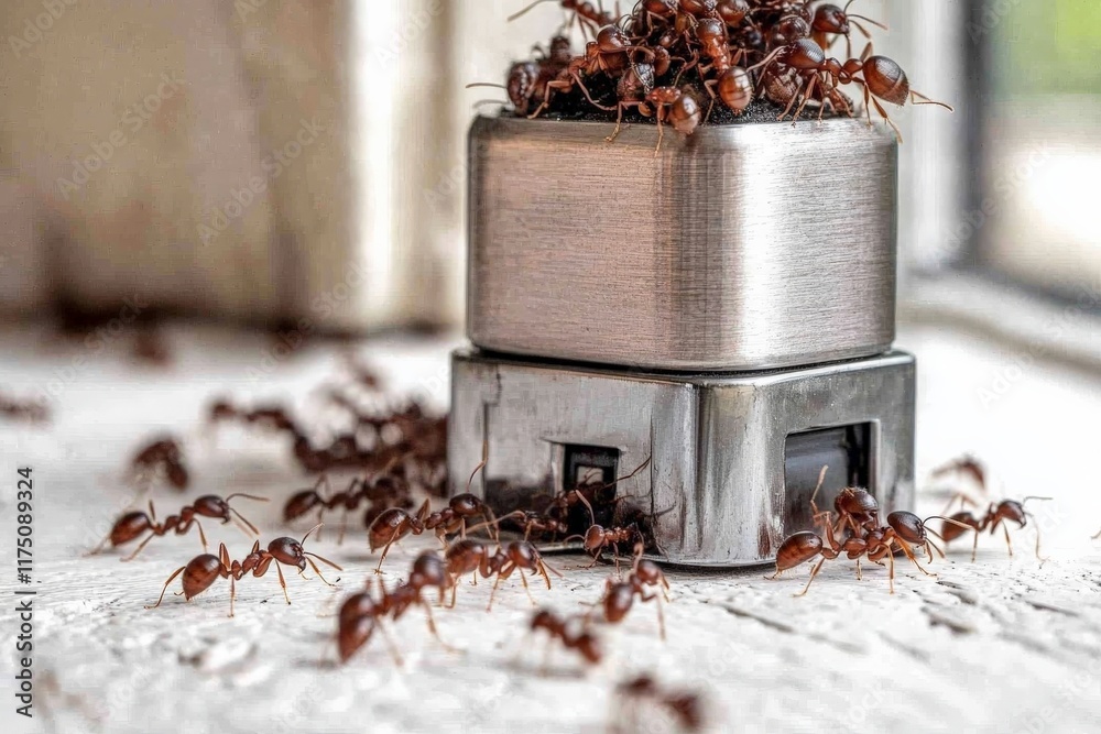 Poster a cluster of ants gathered around a metal object, highlighted by natural light, showcasing their cur