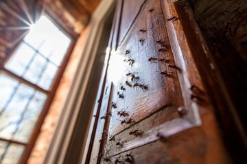 Ants making their way up a door, illuminated by sunlight, portraying their determination and cooperation as they navigate their surroundings in a bright environment.