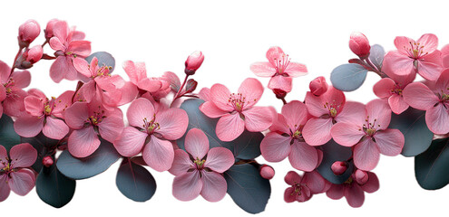 A branch of a flowering shrub with delicate pink flowers and dark green leaves on a transparent background.