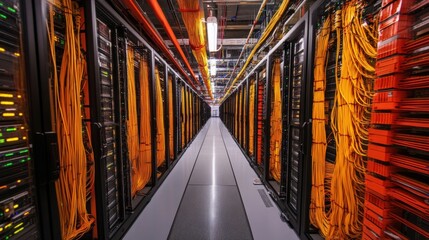 Data center room with many cable