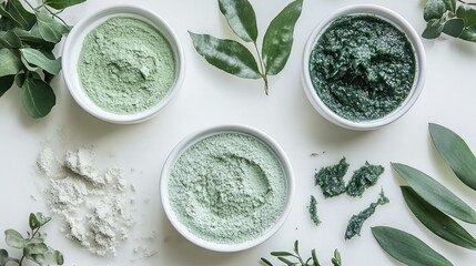 Obraz premium Top view of three bowls with natural green face masks and herbs.