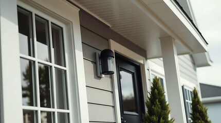 Fototapeta premium Exterior view of a house showcasing a gray-toned siding, white trim, multi-paned windows, a black door, and a porch with white columns. A small exterior light fixture is mounted on the wall.