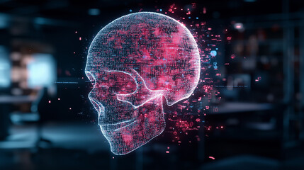 Obraz premium Digital Skull: A futuristic and abstract depiction of a human skull rendered in glowing digital particles, symbolizing the intersection of technology and mortality.