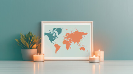 decorative map art print featuring world map in blue and orange tones, displayed in modern frame on wooden table. scene includes potted plant and lit candles, creating cozy atmosphere