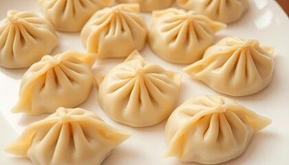 Steamed dumplings on white plate, close-up. Possible use food photography