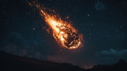 Fiery meteor blazing across night sky above landscape.