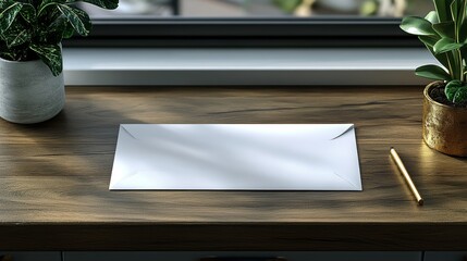 A clean white envelope and gold pen on a wooden desk with potted plants create a scene of anticipation and correspondence against a blurred window backdrop