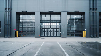A front view of a grey warehouse with a sleek modern design and large glass windows
