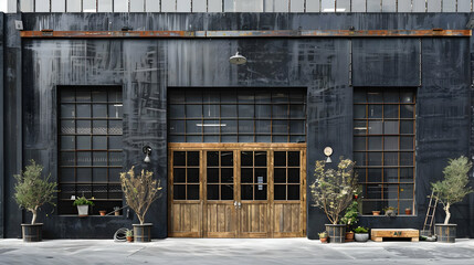A front view of a grey warehouse with rustic wooden doors and a vintage look