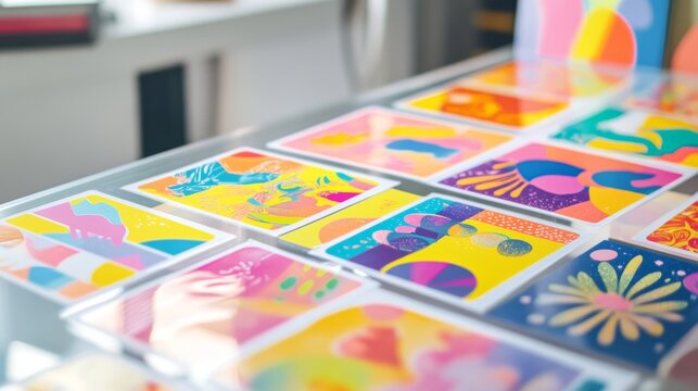 Mockup of a promotional sticker sheet with vibrant designs placed on a clear acrylic surface