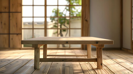Fototapeta premium Empty wooden table for sitting in a traditional Japanese tea house