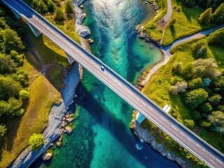 Top-down minimalism: a Norwegian creek, subtly arched bridge, tranquil scene.