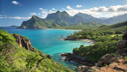 Obraz premium Tranquil Beach with Turquoise Waters, Hills, and Palm Trees V7