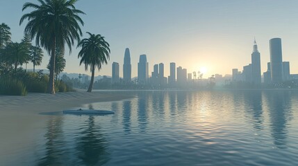 Naklejka premium Tranquil Beachscape with City Skyline at Sunrise