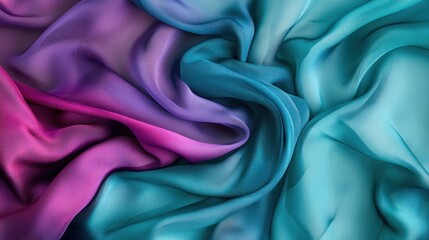 Obraz premium Beautiful satin silk fabric with blue-green-purple tones, gradient pink accents, and wavy folds, creating a luxurious backdrop for design