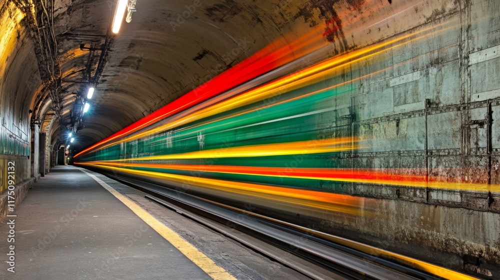 Aufkleber a trail of light moving rapidly through a dark tunnel, with vivid colors and dynamic motion blur, cr