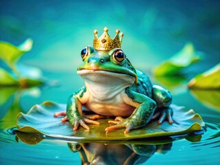 Turquoise background frames a candid portrait of a regal frog prince, sparkling crown on his head, perched on a lily pad.