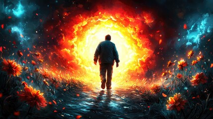 Obraz premium A man walks towards a fiery portal in a surreal dreamlike landscape Ideal for fantasy art game design or spiritual themes