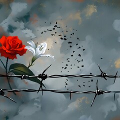 Thorny acacia branches with thorns, art nature background and Beautiful red rose on background of gray concrete wall.