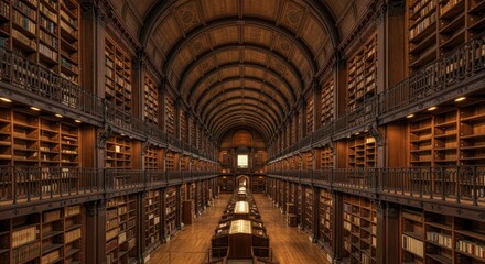 Fototapeta premium Ancient library, grand arched ceiling, long corridor, rows of bookshelves, wooden desks, warm lighting, historical ambiance, ornate architecture, symmetrical composition, sepia tones, knowledge reposi