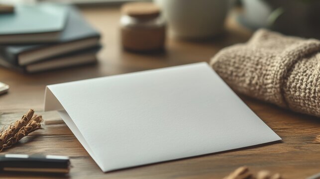 Blank Card on Wooden Desk with Cozy Knitted Throw and Rustic Stationery Items ready for a personal note or invitation
